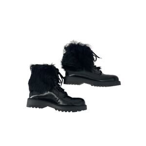 PRADA Black Leather Combat Boots Shearling Lined Lace Up Ankle Size 38 EU 7